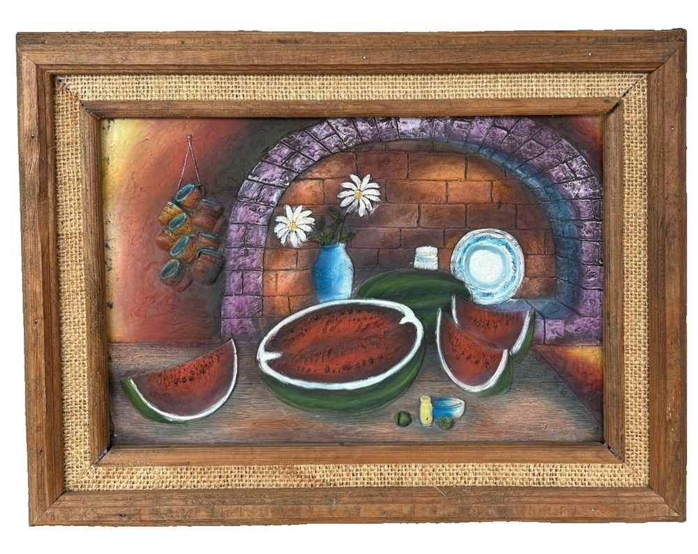 Vintage Raised Relief Painting Watermelon 30.5 x 23 Mexican Adobe Art HEAVY
